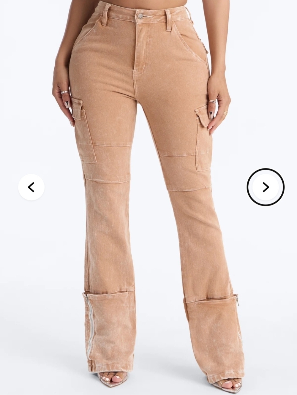 Fashion Nova Camden Cargo Utility Jeans Tan Size 3 High Rise Zipper Flare